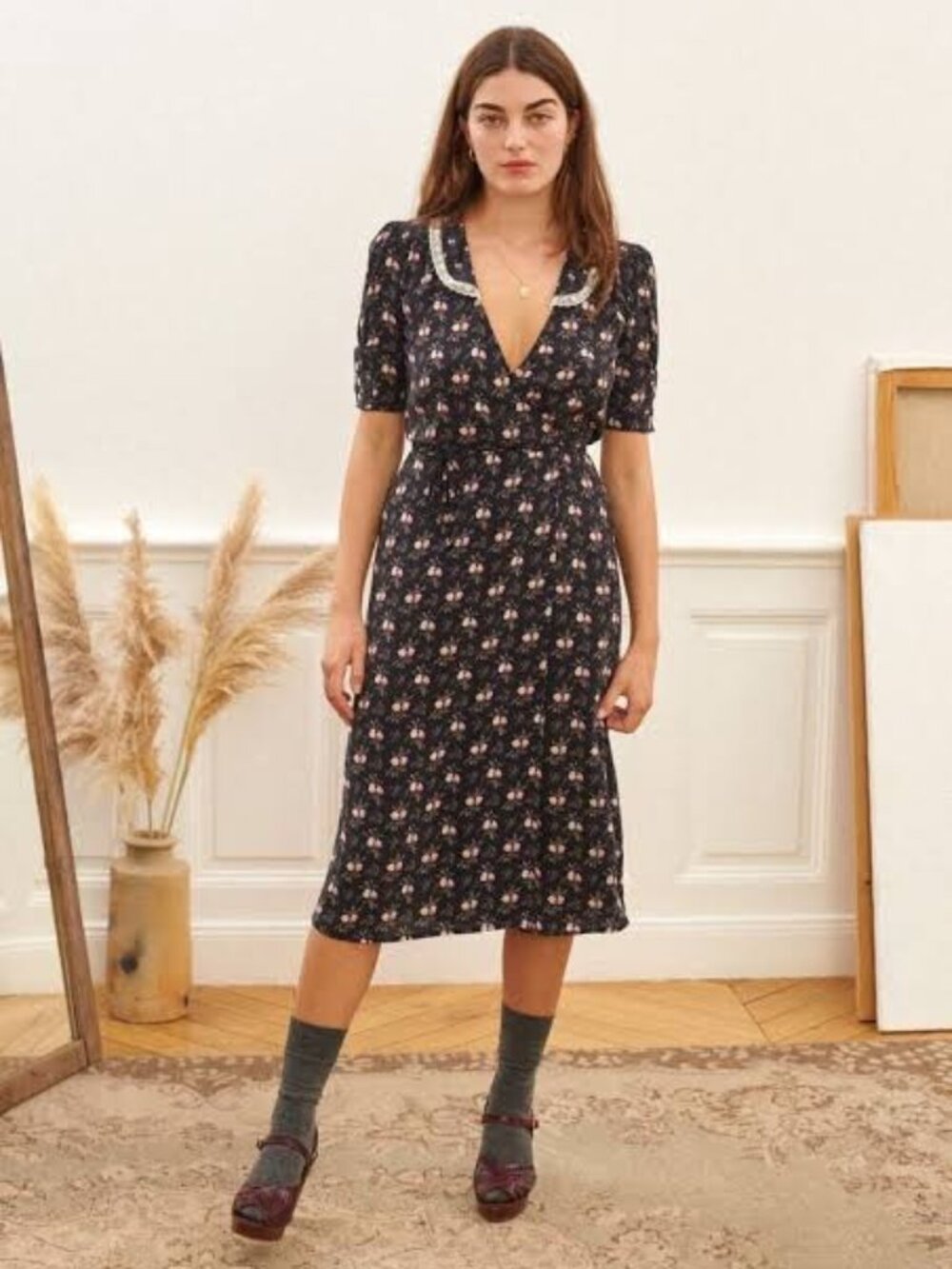 Rouje Paris Daniel Dress Black Floral Lace Collar Wrap Midi Sz 34